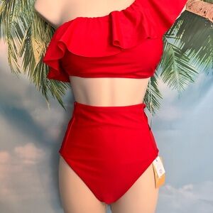 Kona Sol Red Ruffle One-Shoulder Bikini